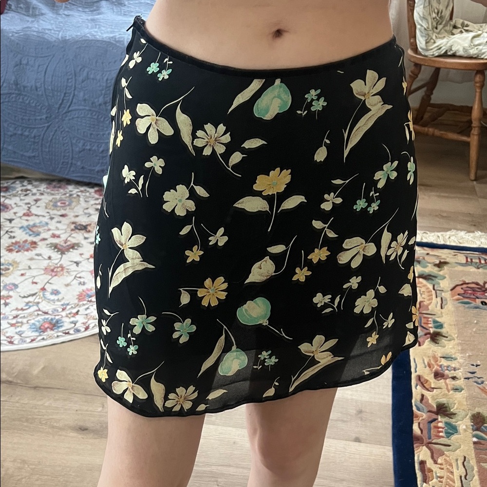 Vintage 70s Floral Black Skater Skirt